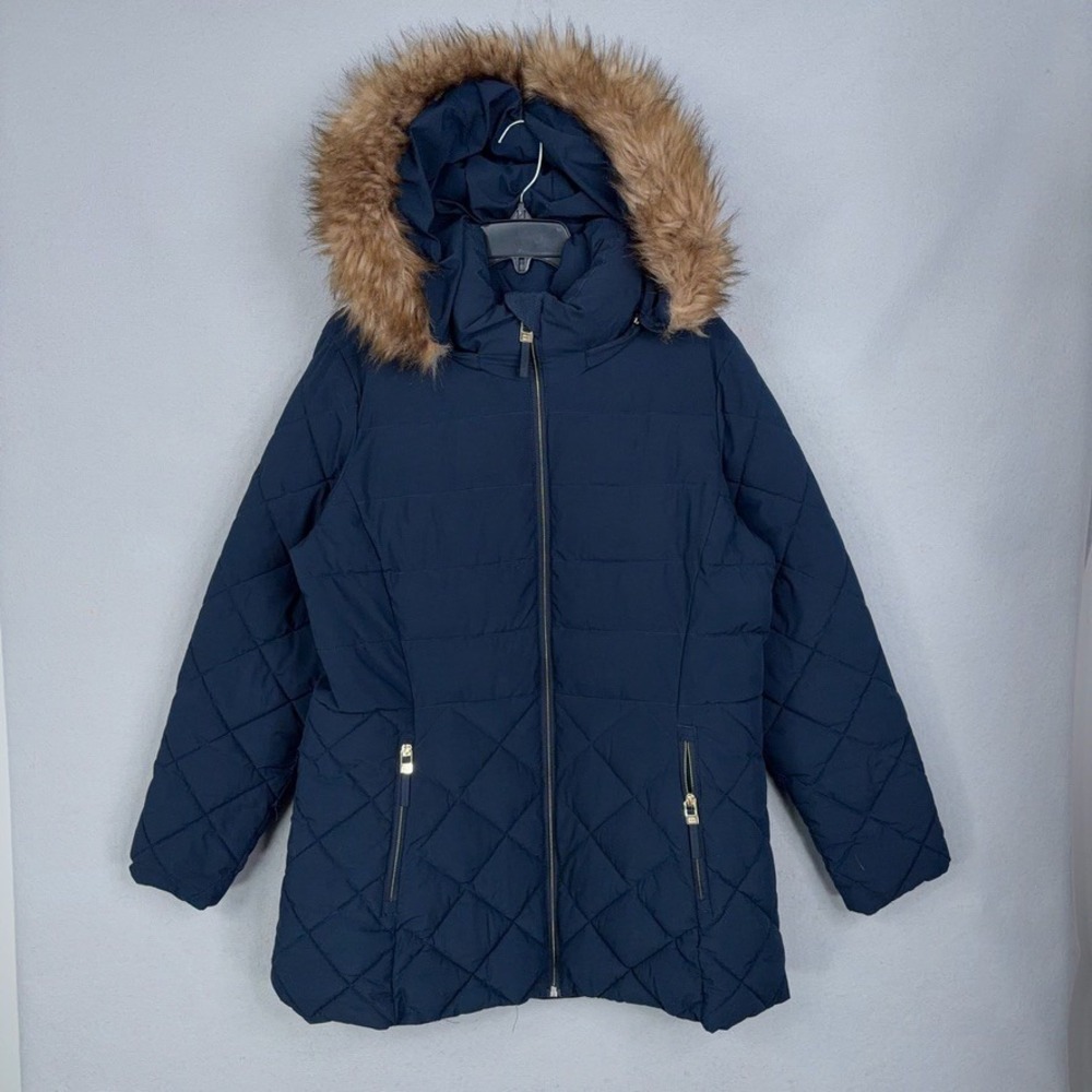 Tommy Hilfiger Puffer Jacket Women Large Navy Quilted Faux Fur Hood Winter